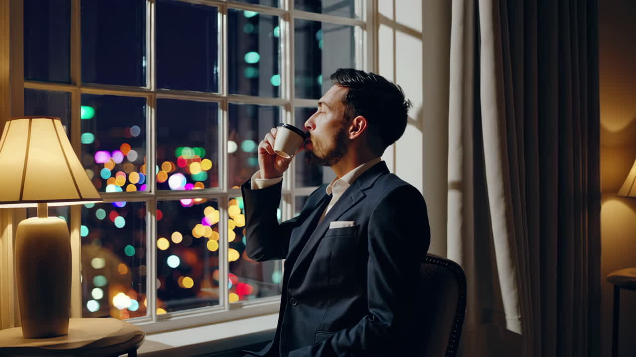 Elegant Man Drinking by Window with City Night View