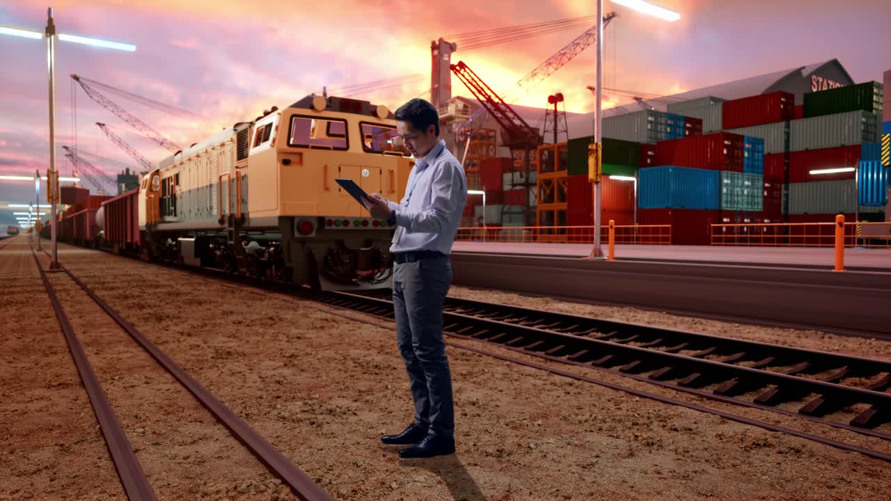 Full Body Side View Of An Asian Male Professional Worker Standing With His Tablet With Freight Cargo Train At Port, Working Continuously With His Tablet