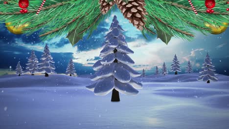 Weihnachtskranzdekoration-über-Schnee,-Der-über-Mehrere-Bäume-In-Der-Winterlandschaft-Fällt