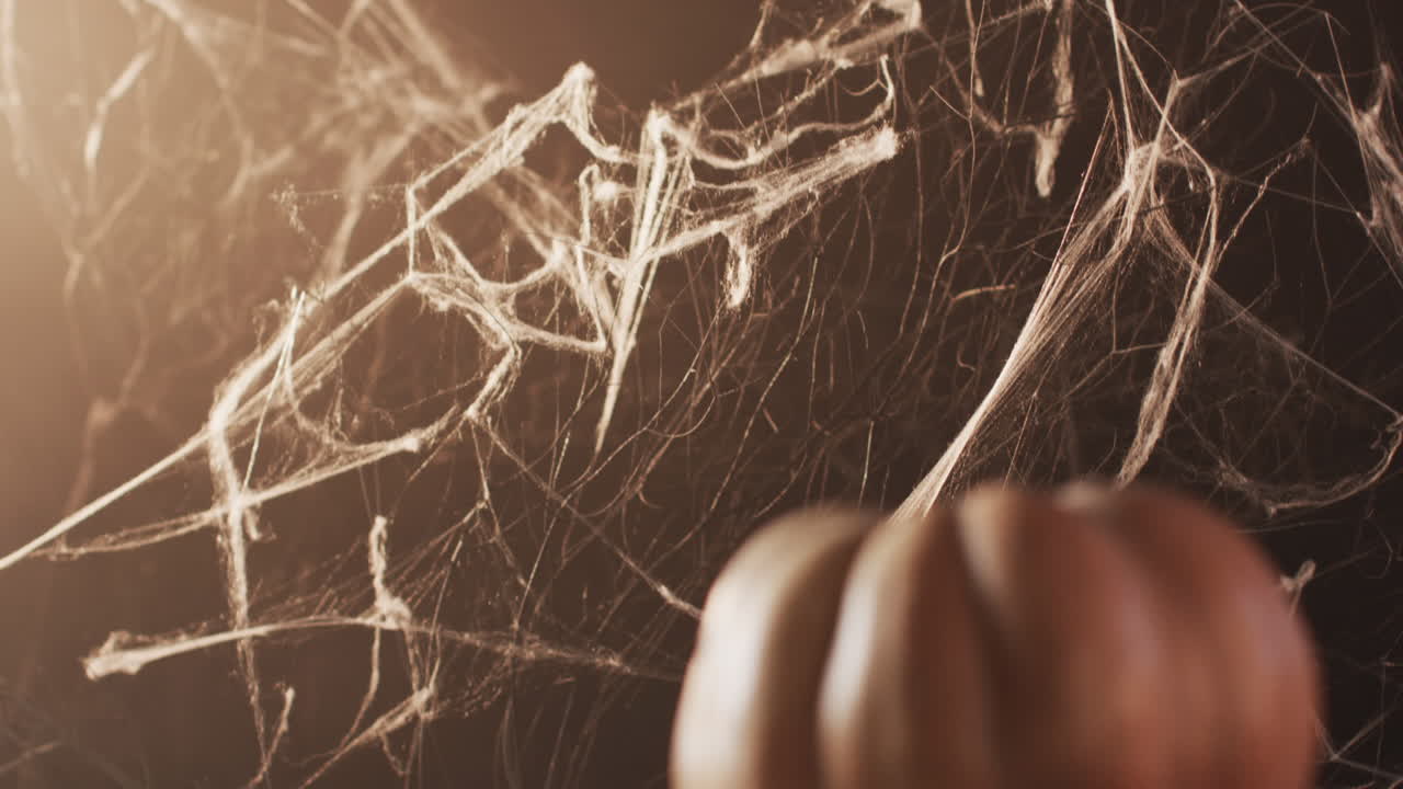 video de calabaza de halloween con red de araña y espacio de copia en fondo marrón