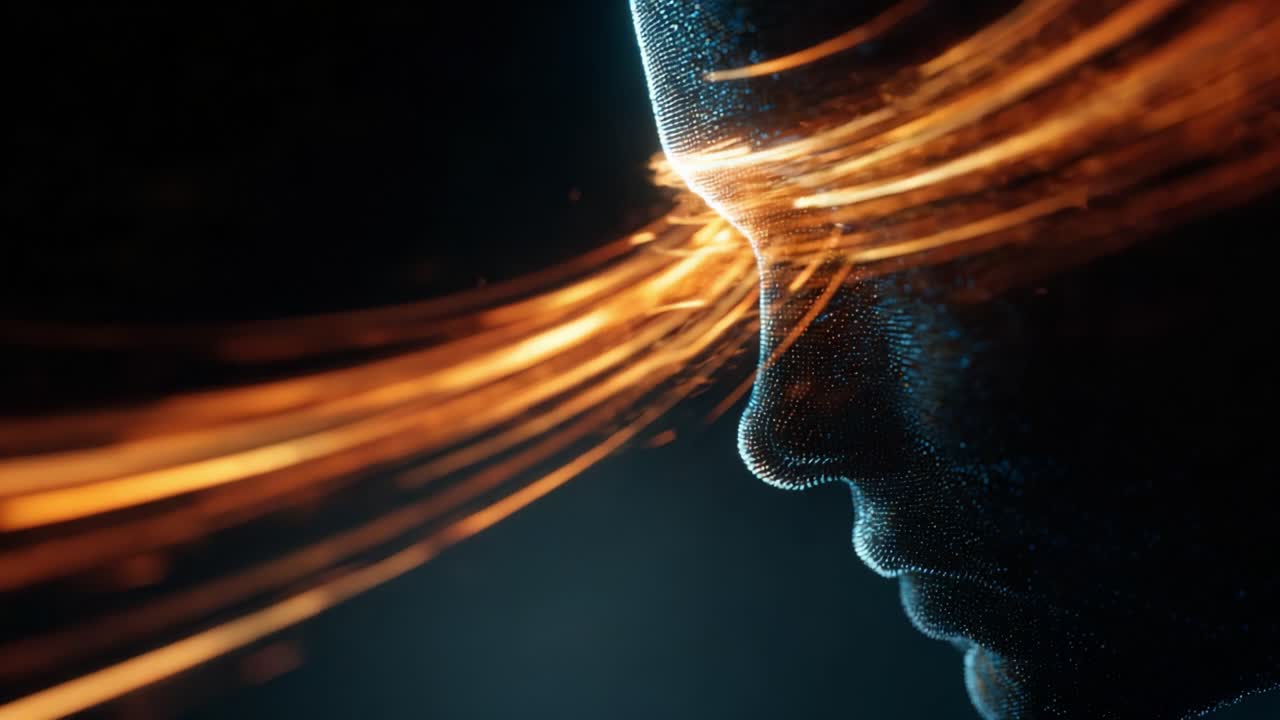 A captivating depiction of a human-like figure with a mesmerizing interplay of light and shadow, creating an abstract representation of thought and emotion, highlighted by radiant, flowing strands of light