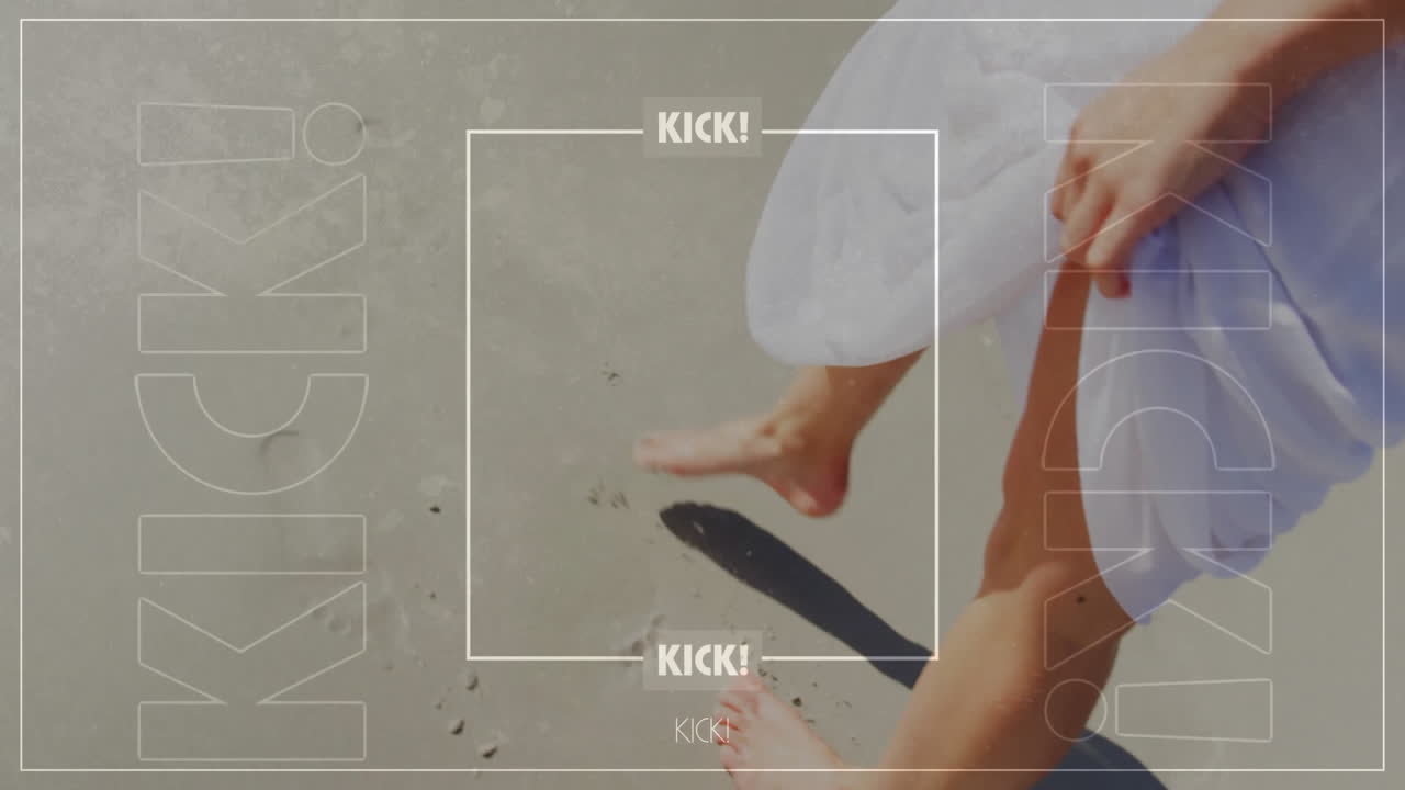 Walking barefoot on sandy beach, person in white dress with animation text overlay