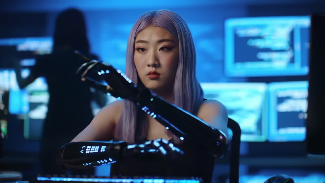 A Focused Individual with Robotic Arms Engaged in Cyber Activities, Surrounded by Multiple Screens Displaying Digital Code in a Dark Tech Environment