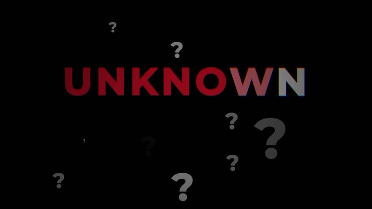 Tipografia con glitch e segno sconosciuto con punti interrogativi su sfondo nero animazione