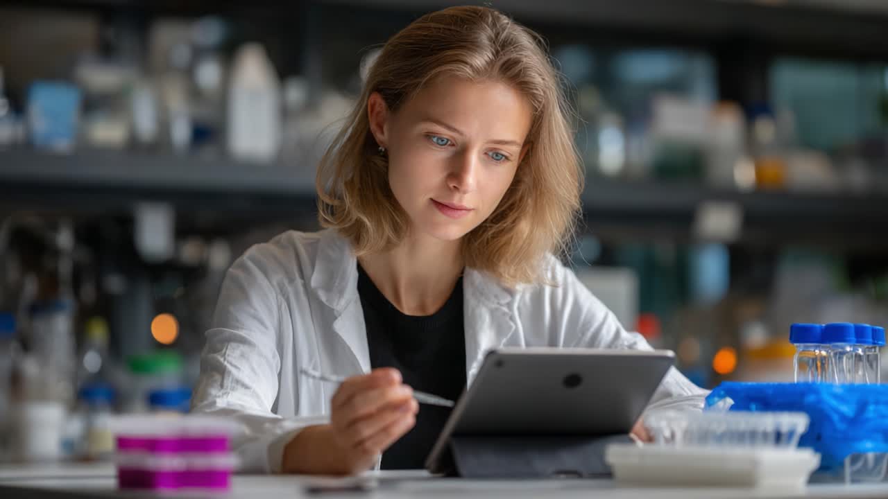 Focused Researcher Analyzing Data in Laboratory while Writing Observations on a Tablet, Showcasing the Integration of Technology in Scientific Exploration