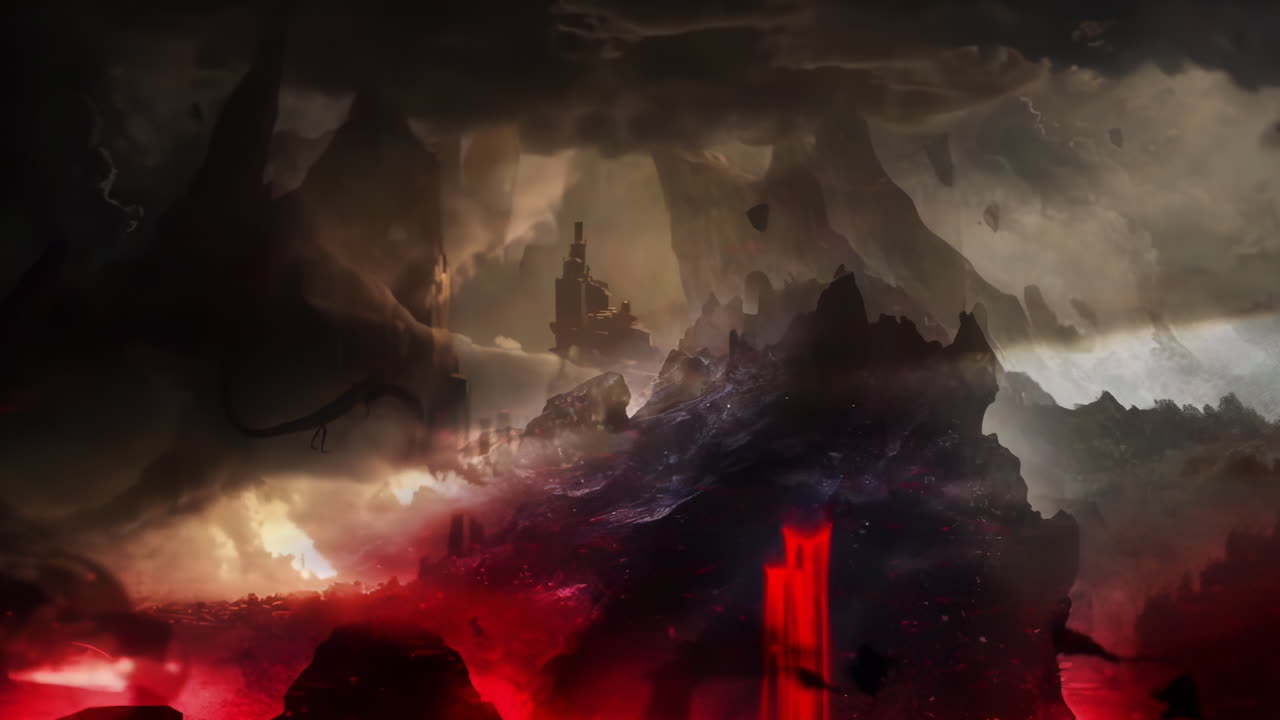 paisaje misterioso arte digital tradicional oriental de china animación dragón montaña negra, pintura retro china tinta de fondo brumoso