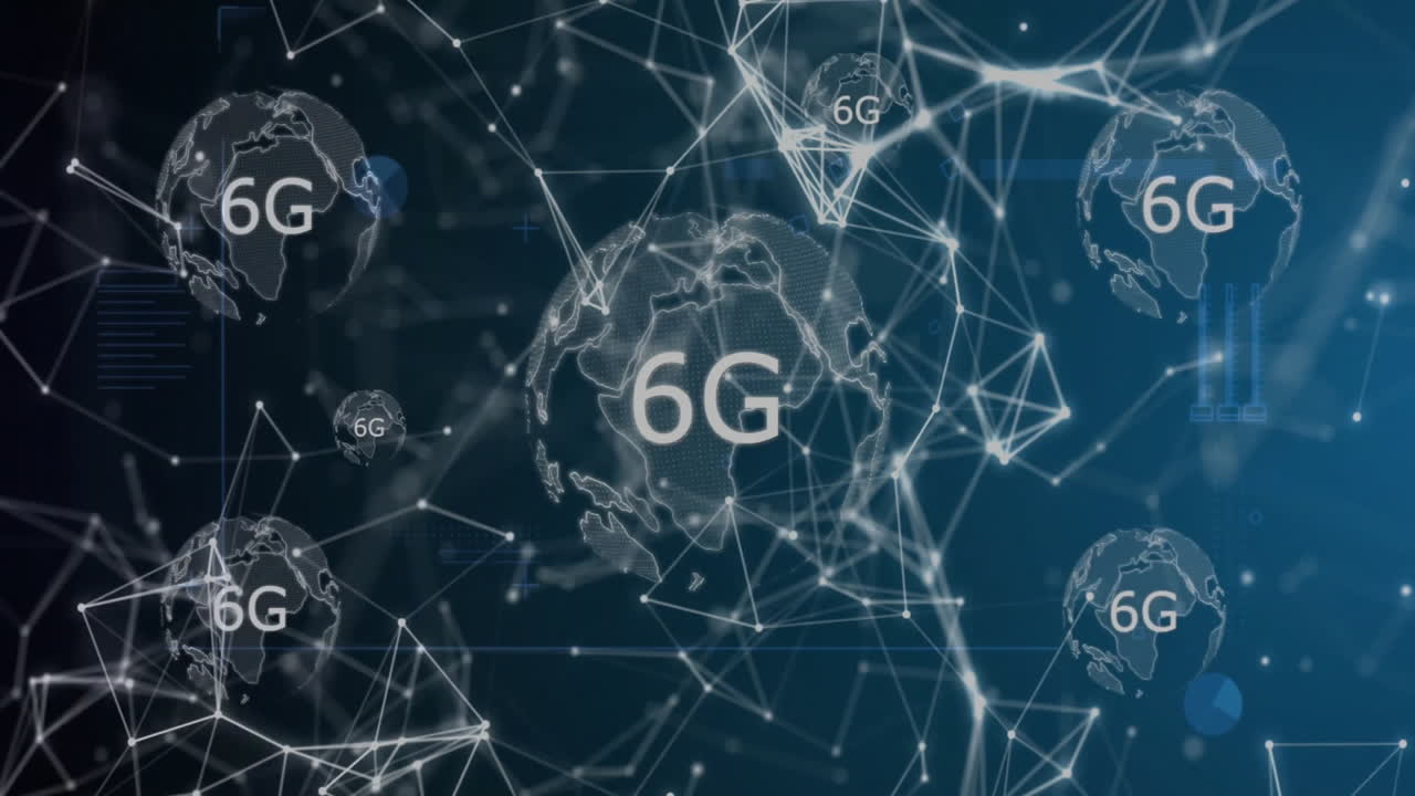 6G text and network connections over animated globes and geometric shapes