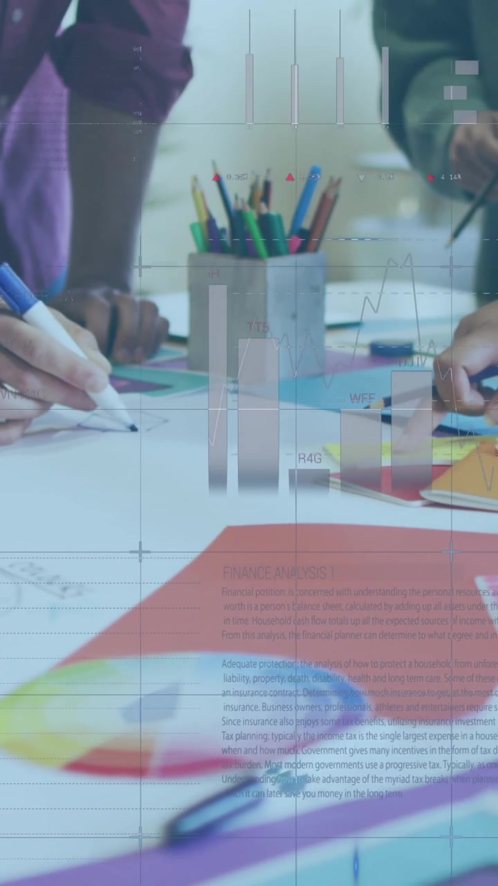Animation of financial data processing over diverse business people in office
