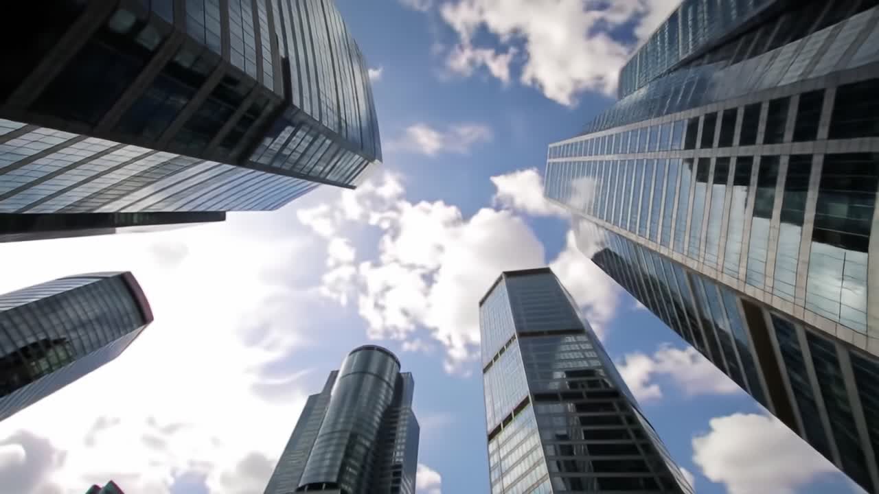 Skyscrapers rise high against a vivid sky, showcasing modern architecture and reflective glass. Sunlight illuminates the urban setting, creating a vibrant atmosphere.
