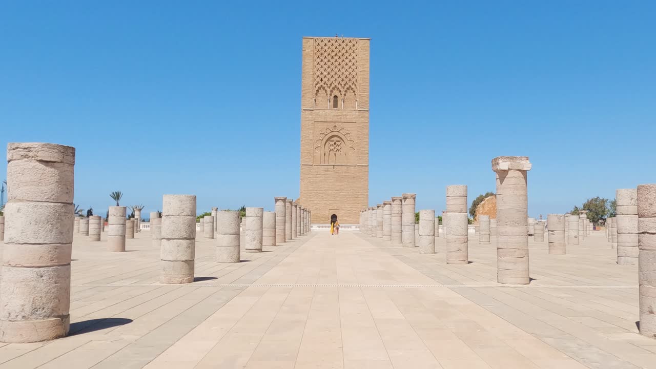 Looking up at Hassan tower historical monument in marble square, Rabat, Morocco