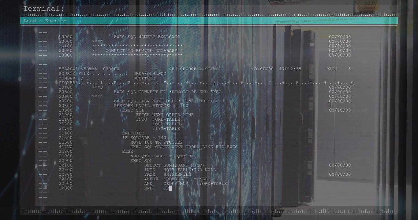 Transparent terminal overlay being displayed with SQL commands and turquoise bar over server racks