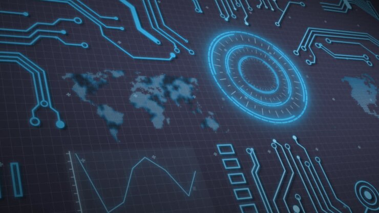 Animation of interface with neon round scanner, world map and data processing on grey background
