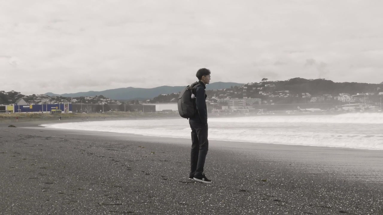 Uomo con zaino che cammina sulla spiaggia a Lyall Bay a Wellington, Nuova Zelanda. Ripresa da dietro, slow motion