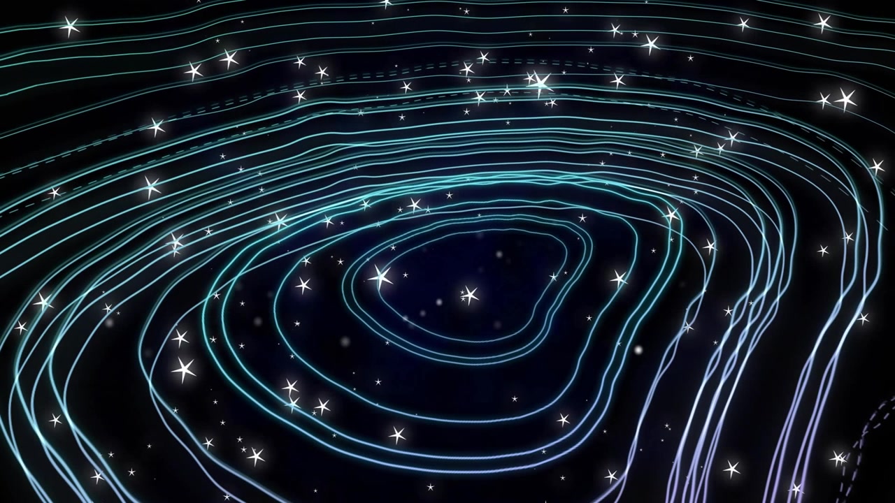 Loop start pulsing neon contour lines with stars shifting outward and twinkling for smooth loop