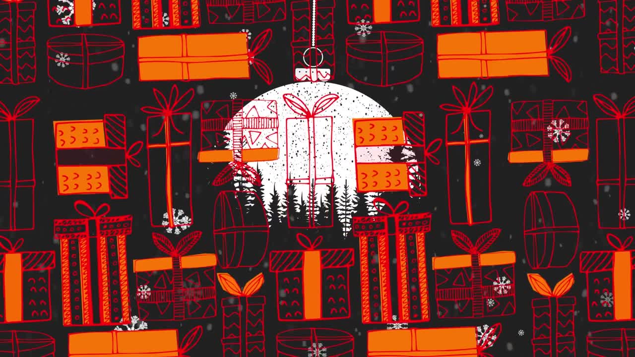 copos de nieve cayendo sobre joyas colgando decoración sobre iconos de regalos de navidad en un patrón sin costuras