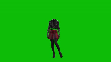 3d invincible woman wearing leather jacket, short skirt and high heels, wave hello, greeting on green screen, 3d animation, front view