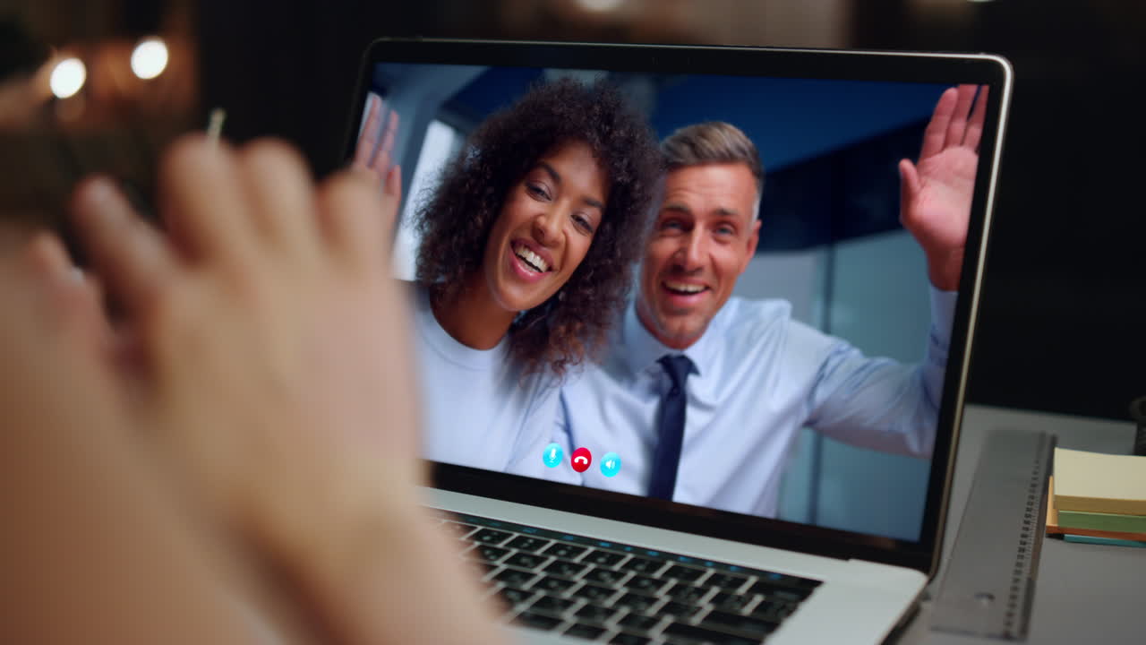 Business team video meeting by laptop close up. Woman talking internet call