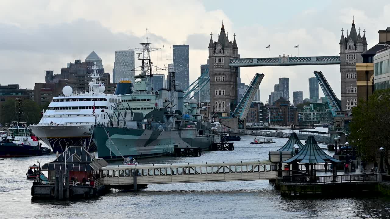 Tower Bridge and Ships on the River Thames in London