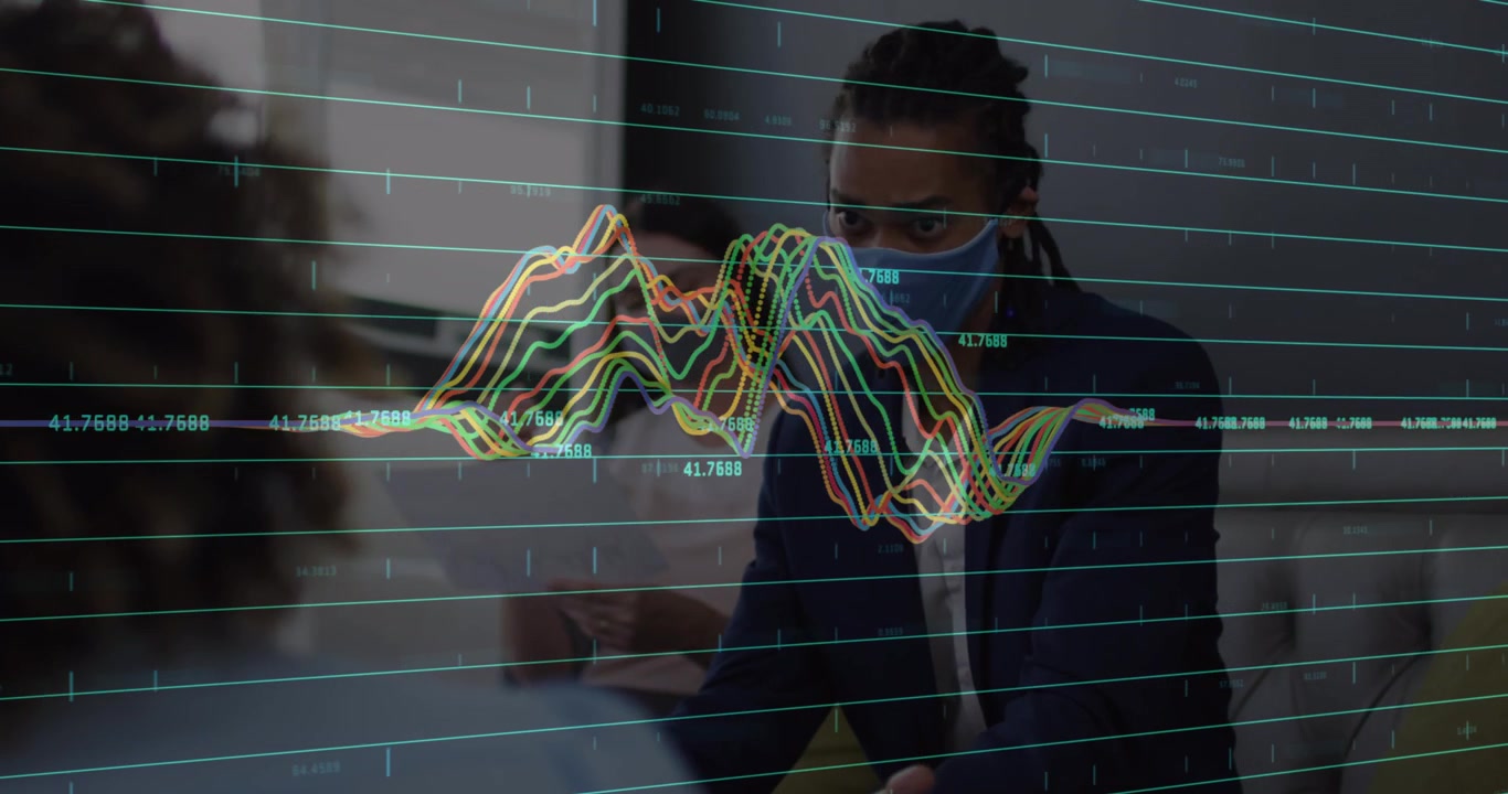 Animation of data processing over woman boxing in gym