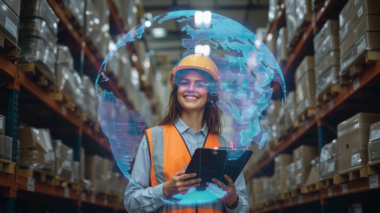 Proiezione di un globo olografico, donna con dispositivi di sicurezza che controlla una clipboard confermando l'inventario nel deposito.