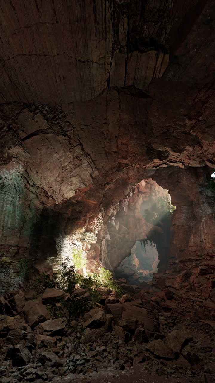 una impresionante vista de la entrada de una cueva con la luz del sol fluyendo en