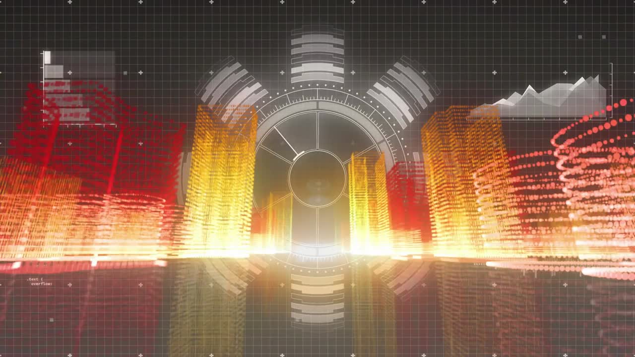 Bright horizon flare starting HUD rotating and bar columns pulsing, representing data cityscape
