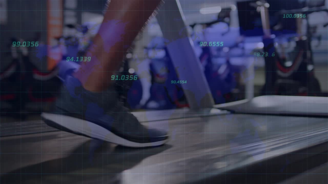 Woman running on moving treadmill in fitness gym, showing numeric overlay on feet, measuring pace
