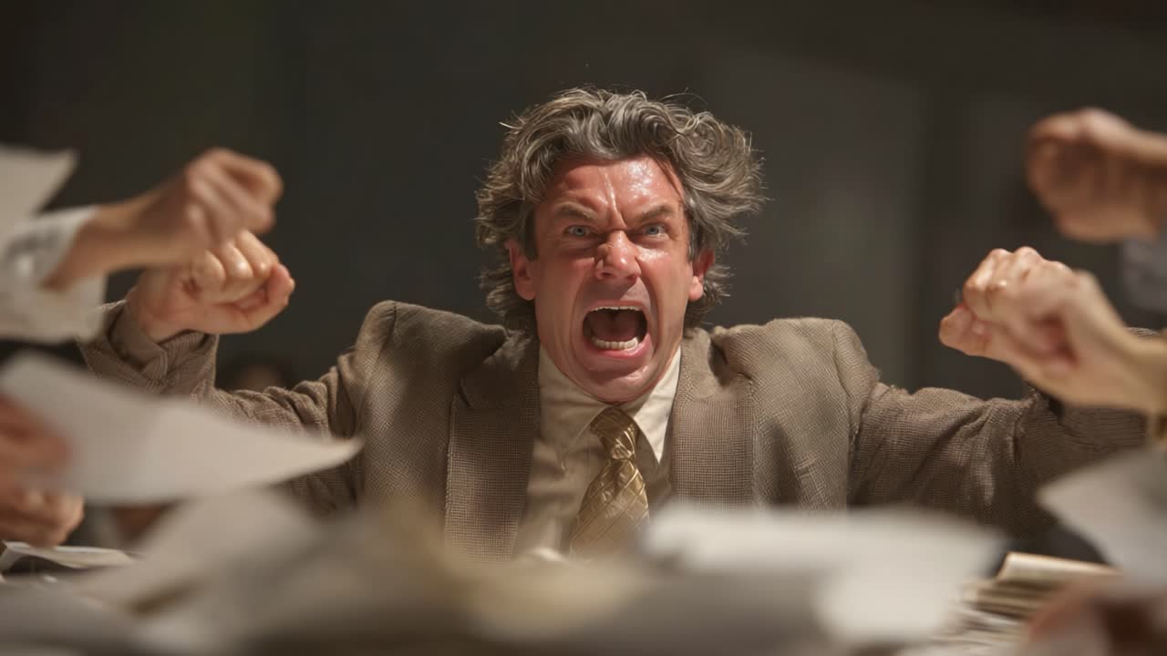 A Frustrated Man Expresses Anger Amidst a Chaotic Scene of Papers and Hands in an Intense Emotional Outburst Representing Stress and Frustration
