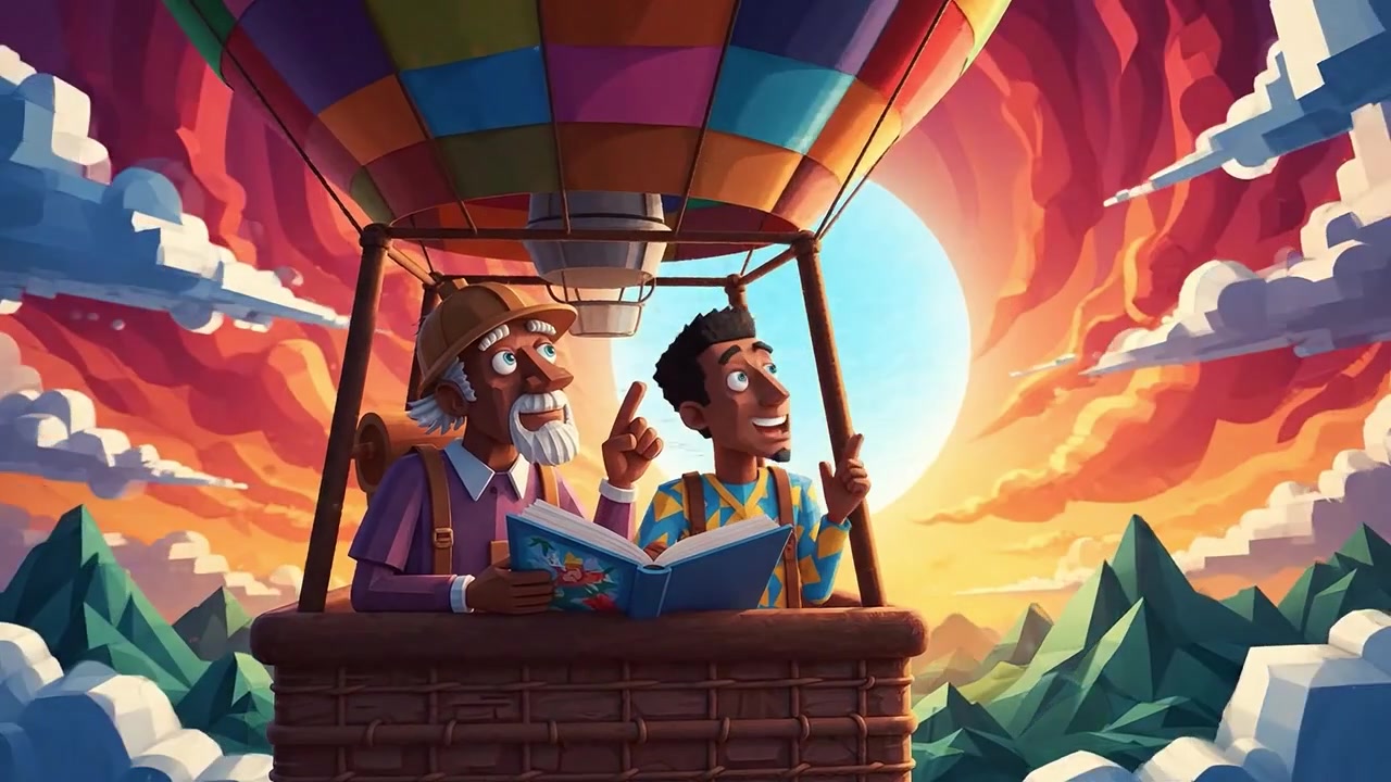Two Adventurers Enjoying a Scenic Hot Air Balloon Ride While Sharing Stories and Discoveries in a Colorful Sky at Sunset