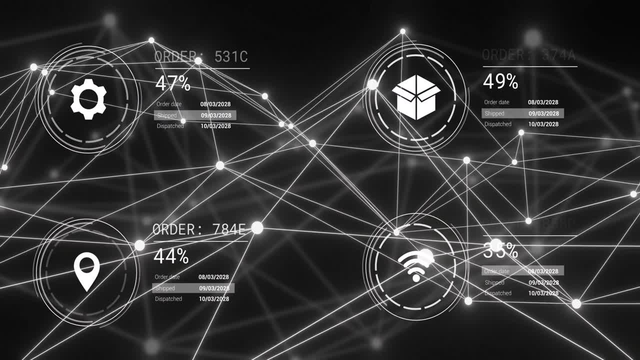 Animation of network of connections and digital icons over black background