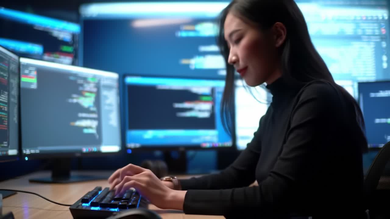 A Focused Programmer Engaged in Coding at a High-Tech Workstation Surrounded by Multiple Monitors Displaying Complex Code in a Dark Environment