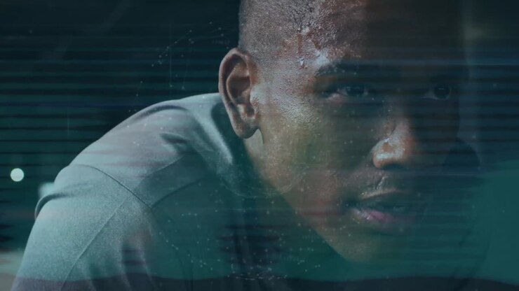 Globe of network of connections against close up of a tired african american fit man