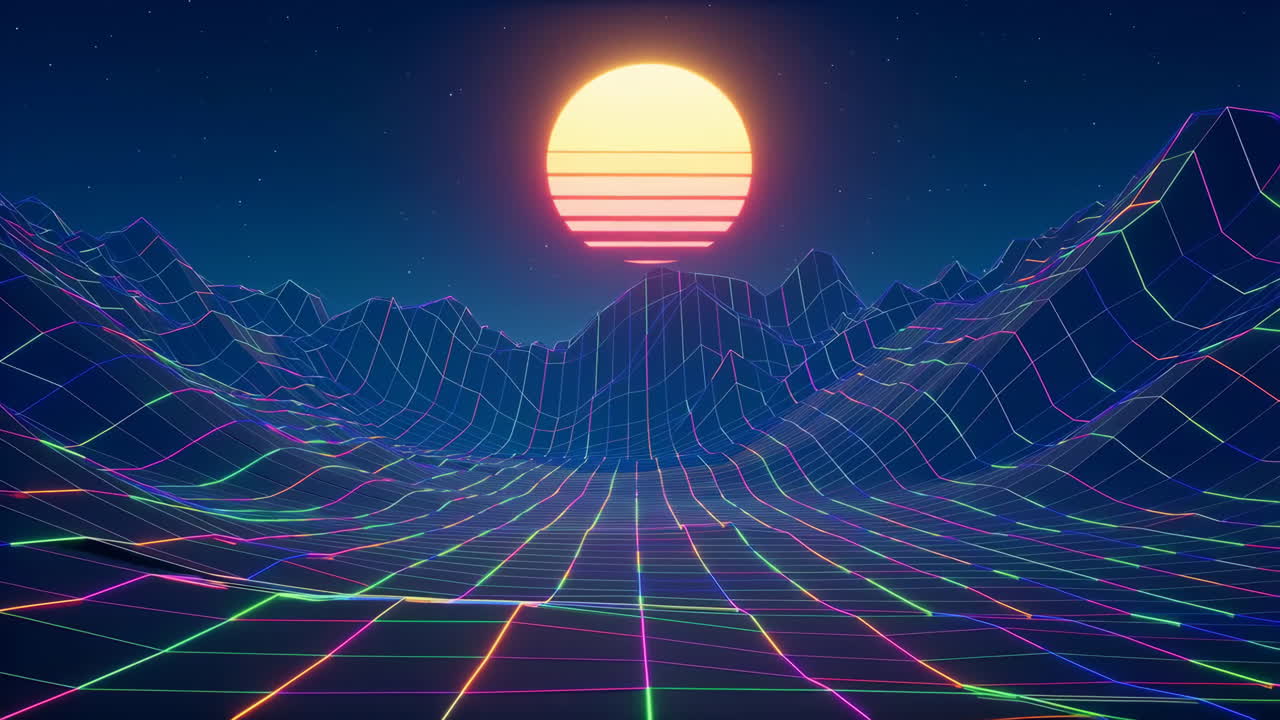 Retro Synthwave Wireframe Landscape with Neon Grid and Sunset