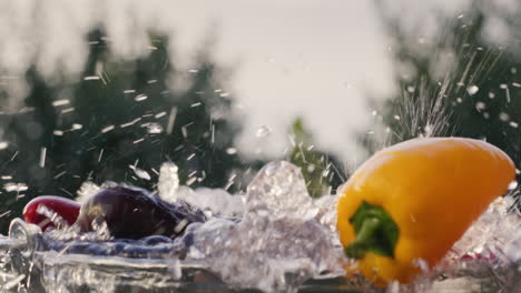 vegetables fall into a bucket of water in slow motion 2