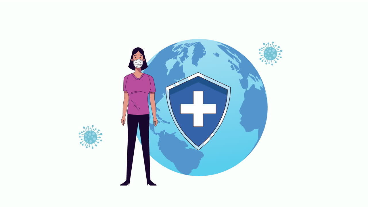 joven que usa una máscara médica para la protección contra covid-19 con el planeta tierra