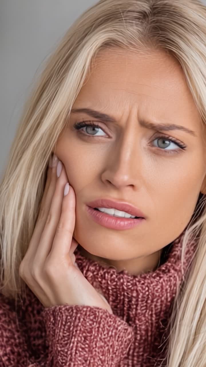 Primo piano di una donna preoccupata che mostra segni di disagio o angoscia, catturata in due fotogrammi, che ritrae emozioni di incertezza e ansia.