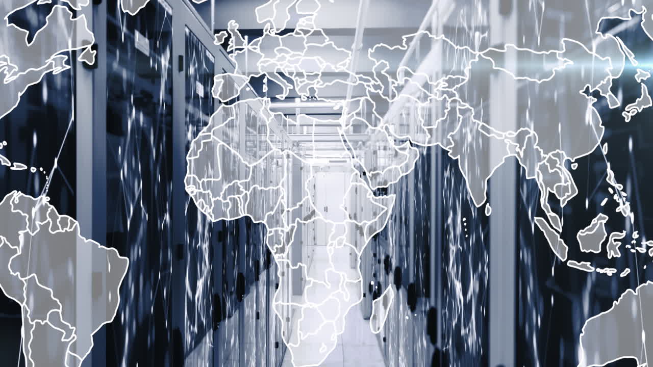 Animation of map and connected dots on server racks in server room