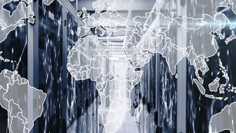 animation of map and connected dots on server racks in server room