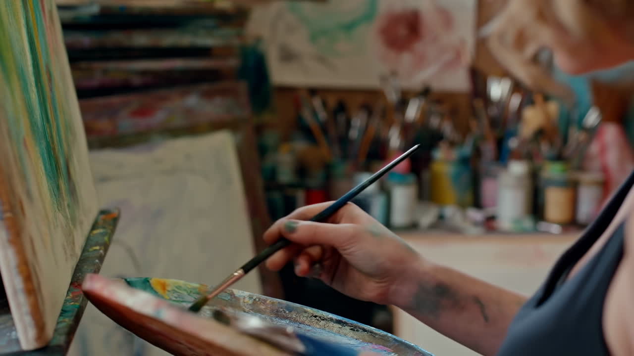 Primo piano di studio d'artista pieno di pennelli e barattoli di colore, pittore amatoriale che mescola oli vivaci su tela
