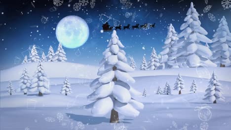 Mehrere-Weihnachtliche-Konzeptsymbole-Und-Schnee,-Der-über-Die-Winterlandschaft-Fällt,-Vor-Dem-Mond-Am-Nachthimmel