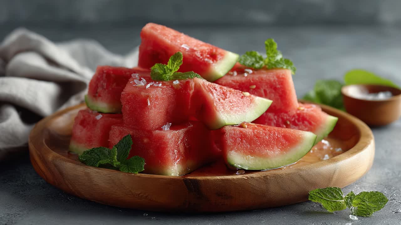 Refreshing Watermelon Slices with Mint Garnish Served on a Wooden Plate, Highlighting the Juicy Red Flesh for a Perfect Summer Snack