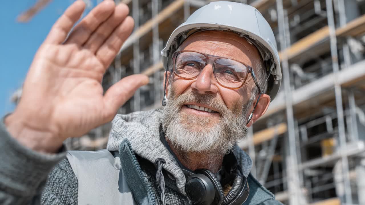 Experienced Construction Worker Waving Goodbye on a Building Site with a Steely Gaze and a Friendly Smile, Embodying Dedication and Expertise in His Trade