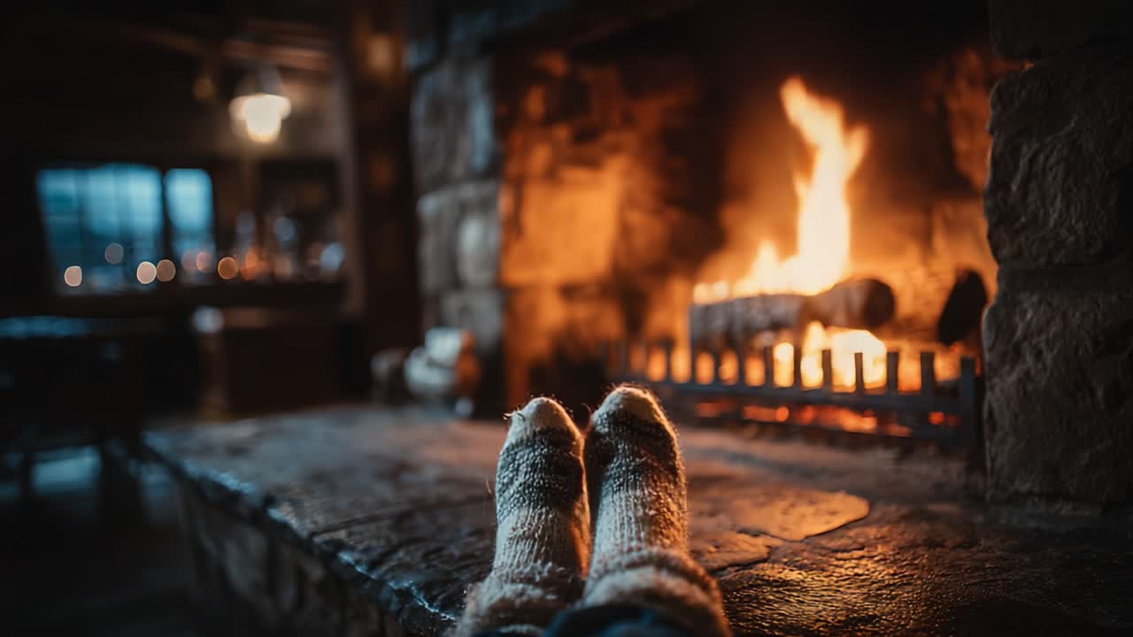 Cozy Warmth: A Relaxing Scene by the Fireplace with Comfy Socks on a Cold Evening, Embracing the Comfort of a Crackling Fire and Serene Ambiance