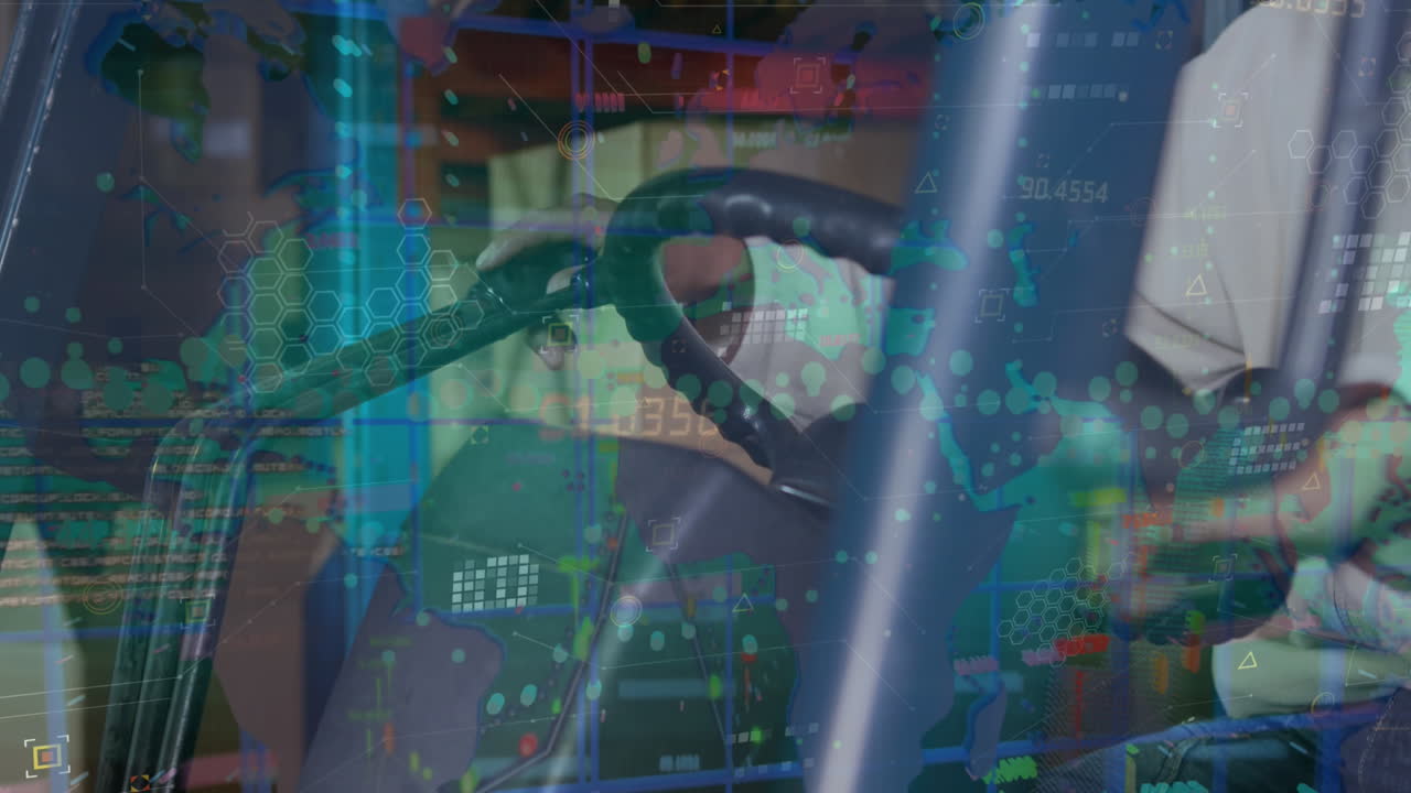 Animation of financial data processing over man working in warehouse