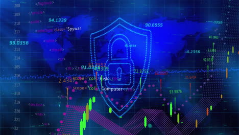 animation of padlock and data processing over world map