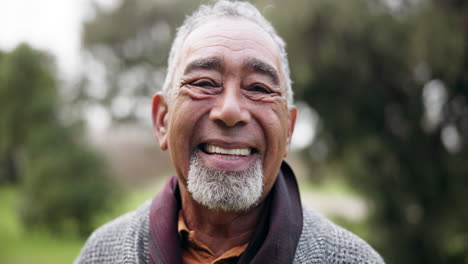 senior man, smile and face closeup in a nature