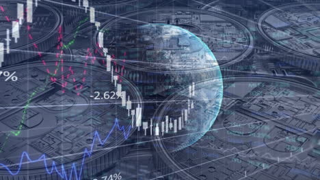 animation of globe and silver coins over stock market display in the background