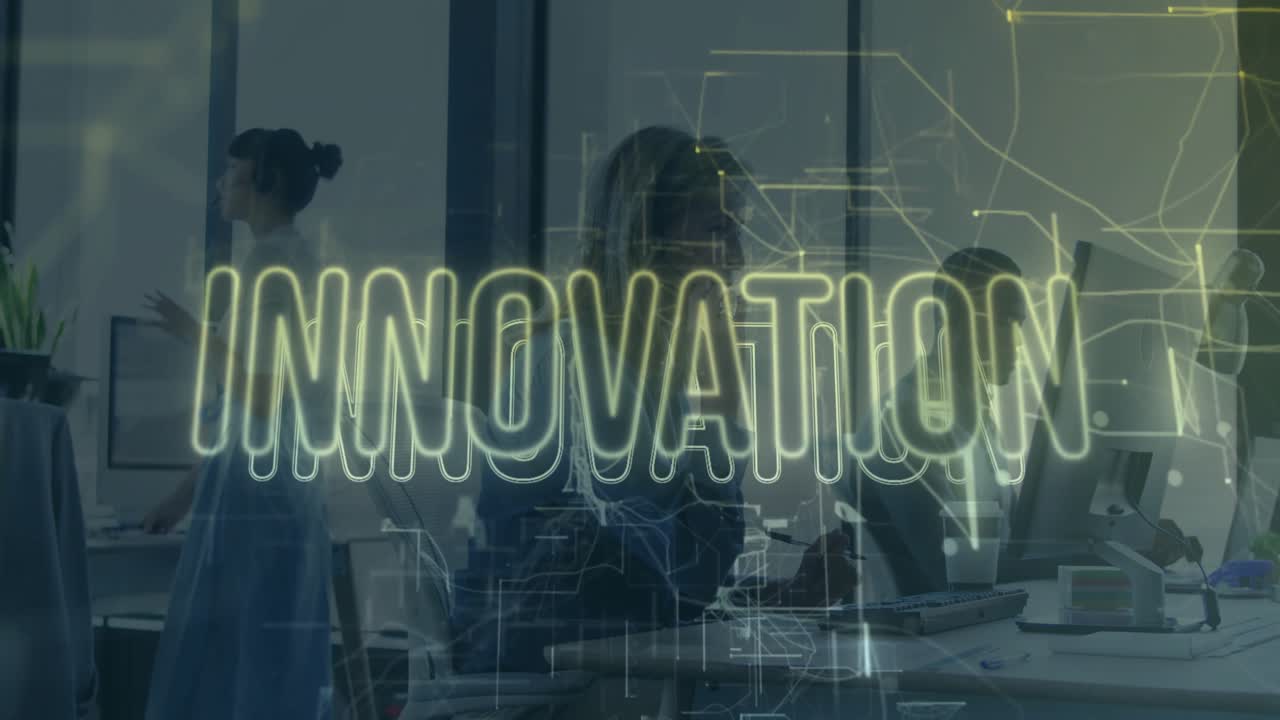 woman typing and coworker gesturing in tech office, showing neon innovation overlay and graph icons