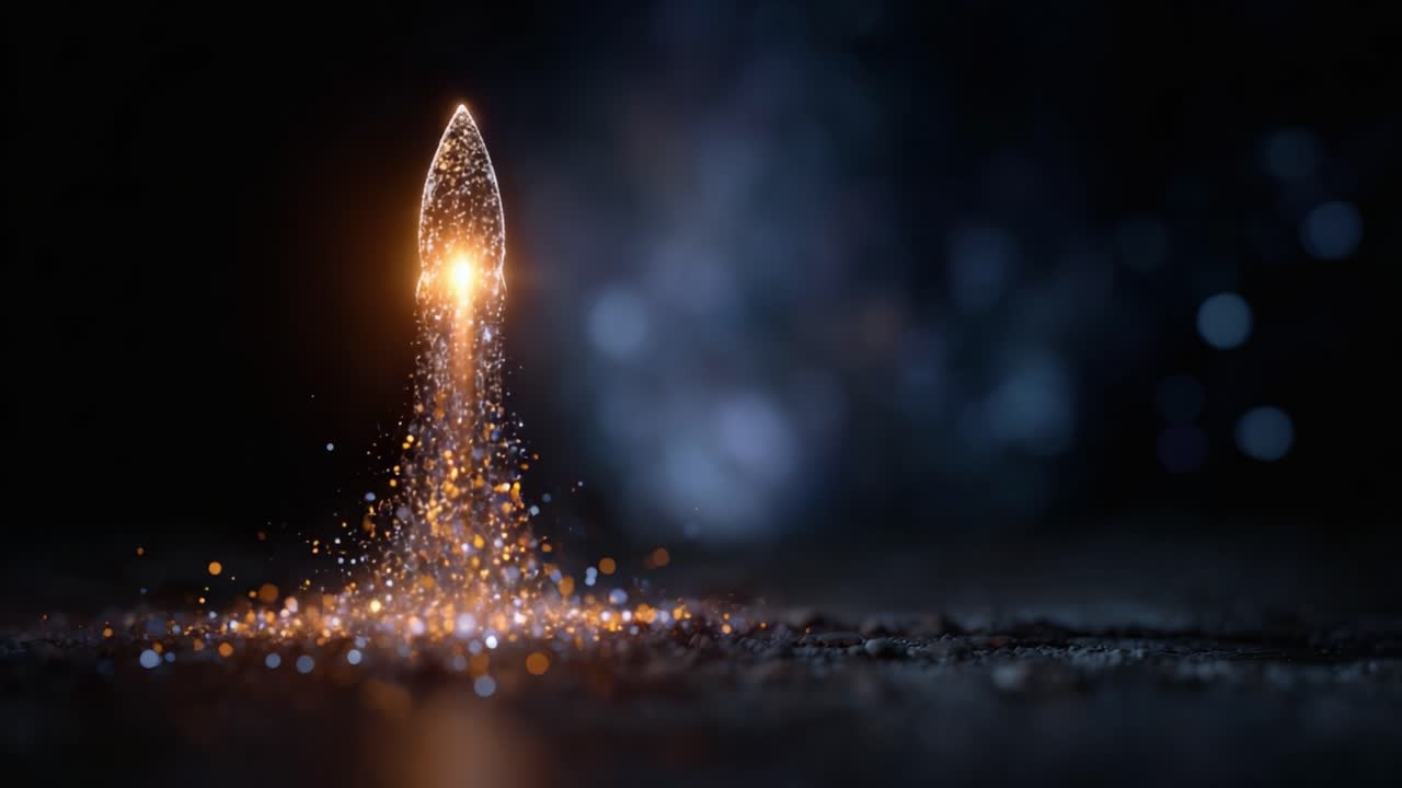 A Stunning Visual of a Sparkling Rocket Ascending with Glittering Particles Against a Dark Background, Capturing the Essence of Dreamy Space Exploration
