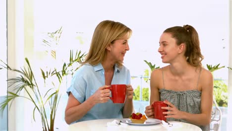 Mother-and-daughter-talking-and-drinking